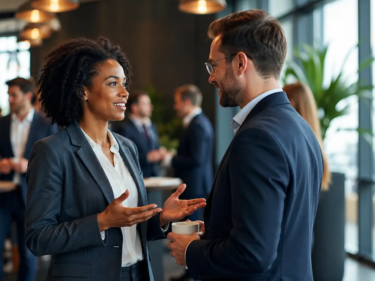 Twee professionals leggen nieuwe contacten en bespreken de betekenis van netwerken