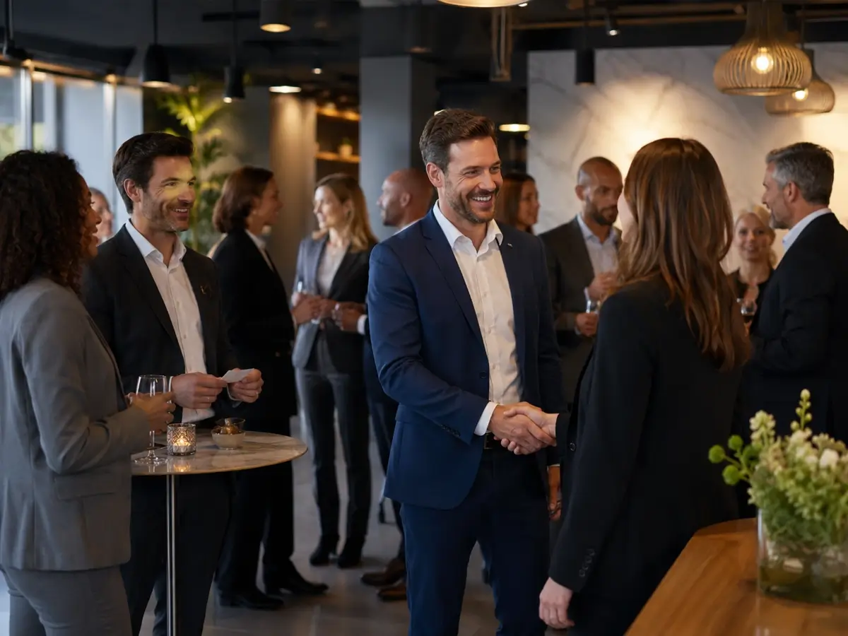 Bezoekers van een netwerkevenement wisselen visitekaartjes uit tijdens een congres